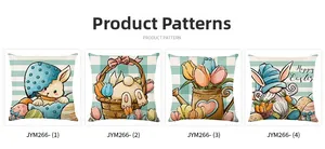 Detail of four Easter cushion covers with bunny and gnome prints on green patterns
