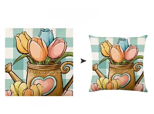 Detail view of custom Easter pillow case showing colorful tulip design and fabric texture
