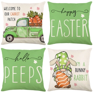 Easter pillow covers set of 4 featuring cute bunny and green truck on linen fabric