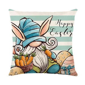 Easter gnome pillow cover with bunny ears and decorative eggs on blue striped background