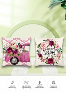 Detailed texture of linen throw pillow covers with floral truck and Hello Spring wreath print