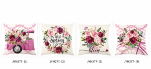 Floral linen cushion covers set with Hello Spring slogans and vintage bicycle motifs