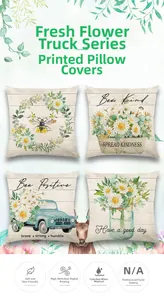 Detail of four floral pillow covers with bee motifs and high-quality digital printing