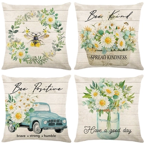 Farmhouse Pillow Covers Polyester Linen Texture Bee Daisy Retro Truck Digital Print Hidden Zipper Sofa Couch Home Decor