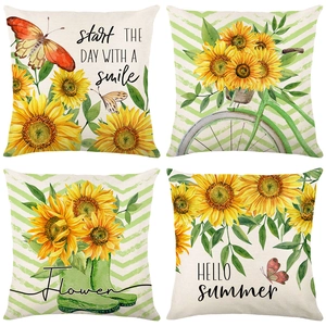 Fundas De Cojín Decorativas De Girasol Poliéster Efecto Lino Estampado Floral Verano Sofá Salón