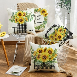 Lot de 4 housses de coussin tournesol avec motifs à carreaux rustiques et citations maison