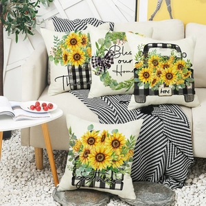Lot de 4 housses de coussin tournesol et carreaux buffalo pour déco rustique