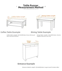 Polyester table runner size guide for dining table, coffee table, and hallway cabinet
