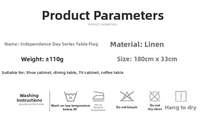 Linen Independence Day table runner specification chart showing 180x33cm dimensions