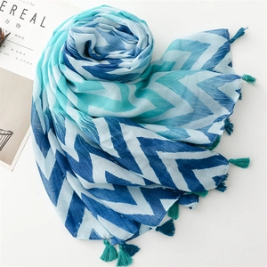 Detailed view of wave pattern cotton scarf with fringes and blue geometric design