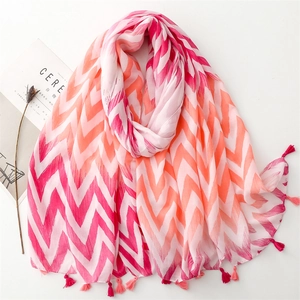 Women Gradient Wave Print Scarf Lightweight Satin Polyester Shawl With Tassels Soft Bohemian Wraps Daily Beach Scarf