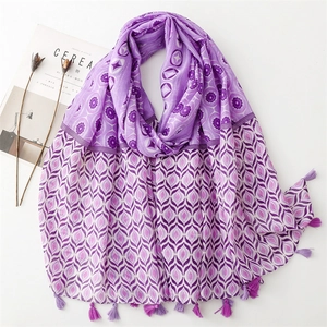 Detailed view of purple floral print scarf with gradient color blocks and fringe tassels