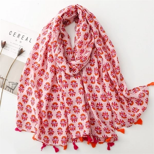 Floral Print Tassel Scarf Lightweight Cotton Feel Shawl Bohemian Vintage Wrap For Women