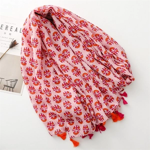 Floral cotton linen scarf with tassels and bohemian mandala patterns in pink tones