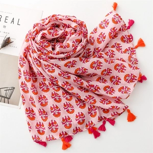 Pink cotton linen feel scarf with French floral print and handmade fringe tassels