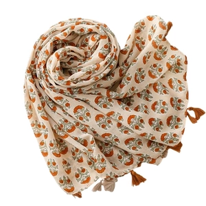 Linen feel floral scarf with mandala prints and handmade tassels for a French style look