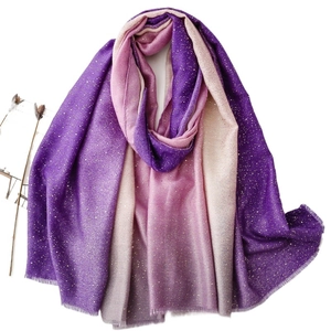 Purple gradient shawl with gold foil patterns and fringes on white background