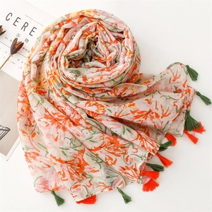 Elegant lightweight floral cotton linen shawl with tassels for women summer sun protection