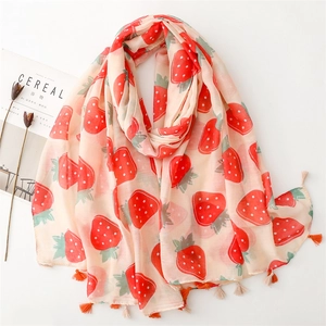 Strawberry Print Scarf Women Polyester Voile Lightweight Sun Protection Shawl With Tassels Cute Sweet Fashion Accessory