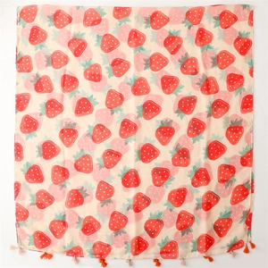 Square beige strawberry print scarf with fringes and lightweight linen-feel texture