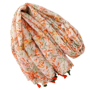 Floral print lightweight summer scarf for women with red and green tassel edge details
