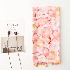 Pink watercolor butterfly silk scarf with tassels for sun protection and travel