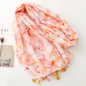 Floral print summer shawl with handmade tassels and elegant ink-style flower patterns