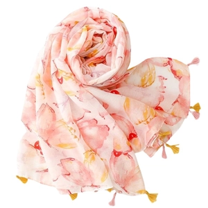Lightweight floral ink painting scarf with fringe tassels for sun protection and travel