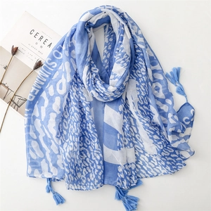 Chic Leopard Print Scarf With Letter Pattern And Tassels Lightweight Breathable Summer Shawl For Vacation Sun Protection Women