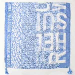 Blue and white leopard print cotton linen scarf with tassels and Hello Summer text