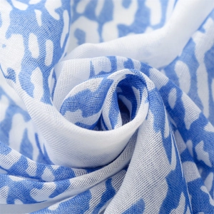 Detail shot of the blue and white leopard print scarf with breathable linen-like texture