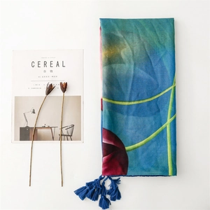 Artistic ink floral print summer scarf with blue tassels and lightweight fabric
