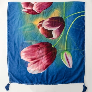 Blue silk scarf with red tulip floral print and tassel trim for summer sun protection