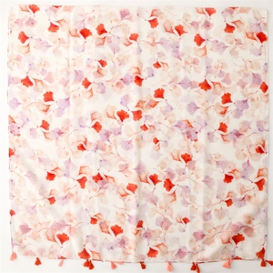 Elegant white shawl scarf with red leaf floral prints and fringe tassels for summer travel