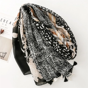 Leopard floral patchwork scarf with fringe trim and brown geometric patterns for women