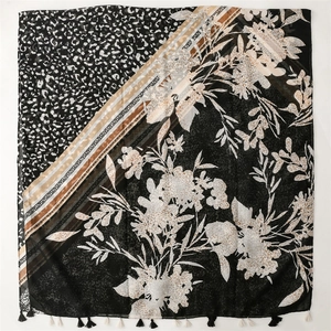 Fashion leopard and floral print cotton linen shawl with tassel fringe for women