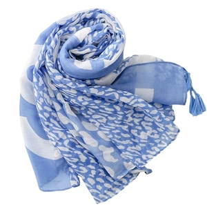 Blue and white leopard print lightweight scarf with tassels for summer sun protection
