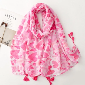 Heart Print Scarf Voile Lightweight Shawl With Tassels Sun Protection Fashion Wrap For Women