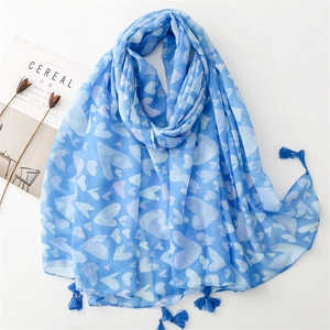 Light blue heart print cotton linen scarf with elegant tassel trim for sun protection
