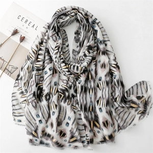 Women Long Scarf Shawl Bronze Geometric Sun Print Lightweight Cotton Linen Feel Metallic Ethnic Style Frayed Edges Wrap