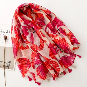 Lightweight floral print shawl with red tassels and artistic orchid pattern