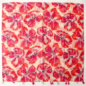 Red cymbidium floral print scarf with tassels for summer sun protection and travel