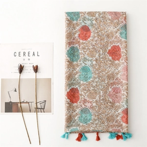 Ethnic floral cotton linen shawl with colorful plant patterns and tassel edges for summer