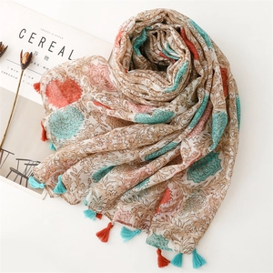 Floral print cotton linen shawl with tassels for women and elegant summer beach sun protection