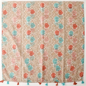 Ethnic style floral print voile scarf with colorful tassels for summer beach travel