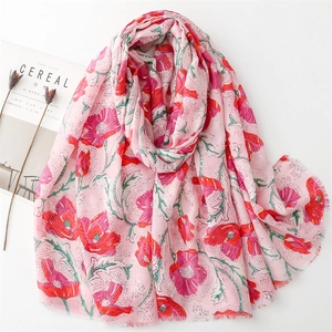 Floral cotton linen scarf with red poppy print and delicate fringe edges for women