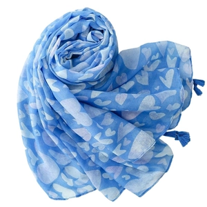Light blue heart print scarf with decorative tassels, soft breathable summer shawl wrap