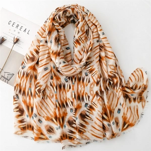 Autumn cotton-linen scarf with gold-stamped geometric patterns and frayed edges for women