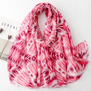 Bohemian pink cotton linen scarf with gold foil geometric patterns and frayed edges
