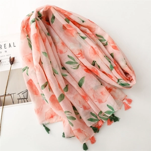 Pink peach blossom cotton linen scarf with tassels and fresh floral pattern print